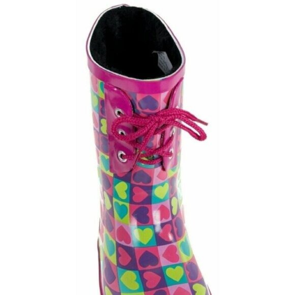 Kids Rainboots, Faux Fur Lined Girls Rain Boots, K-1550 Pink Hearts, Size 3 - Picture 2 of 4